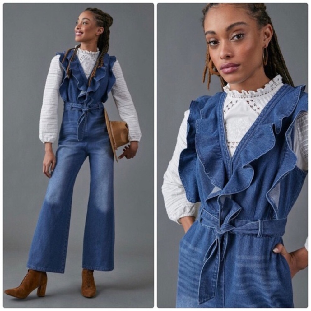 Anthropologie Alena Ruffled Denim Jumpsuit